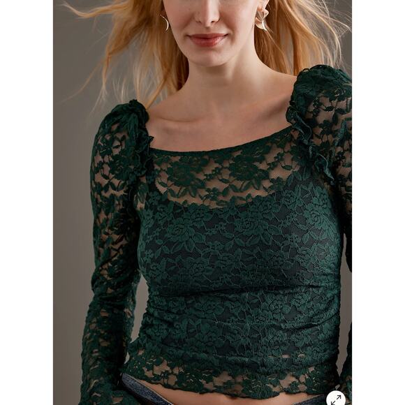 Anthropologie NEW Puff Shoulder Lace Top Size M Stretchy Fabric - Picture 4 of 16